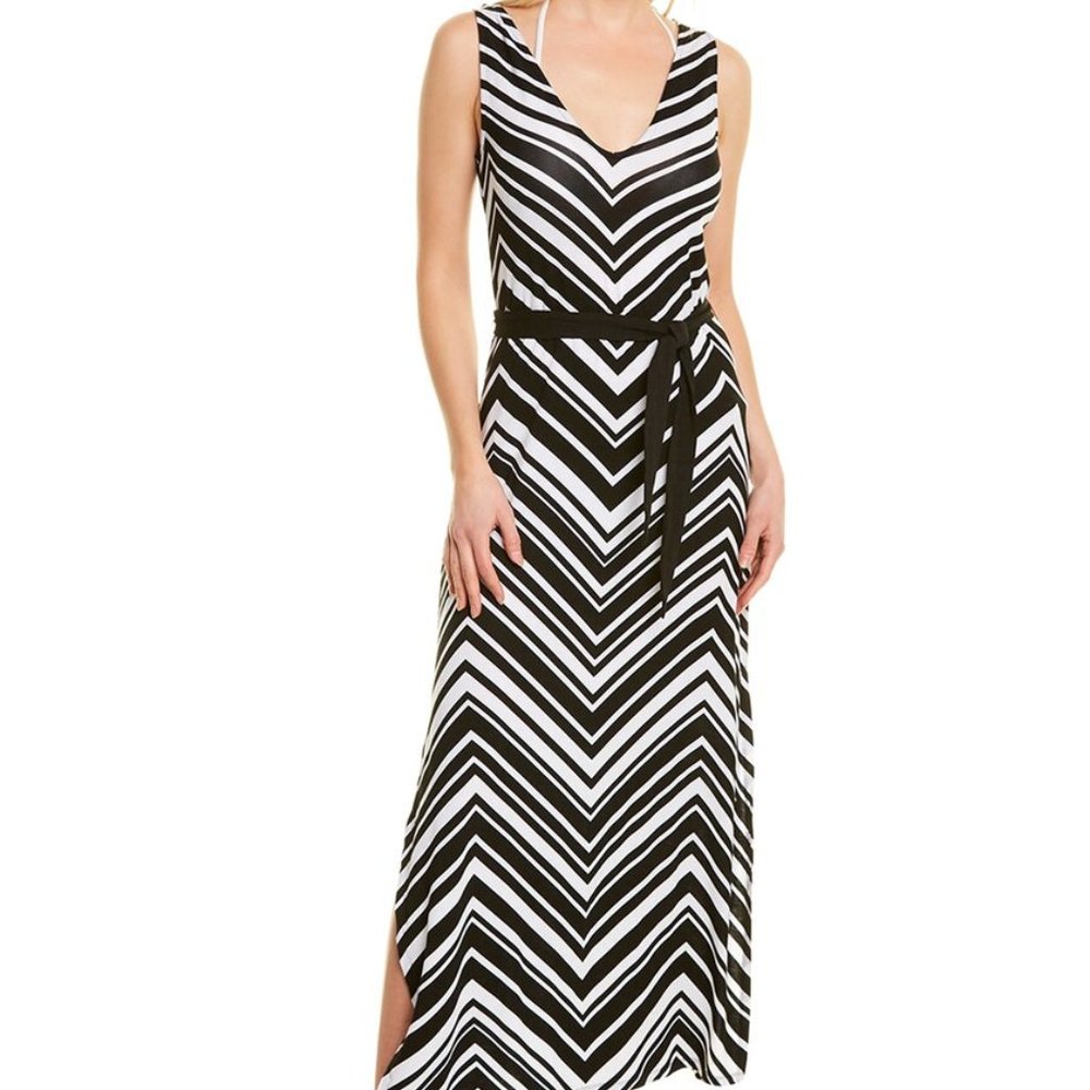 NWT La Blanca Bikini Swimsuit Cover Up Maxi Dress Belt Black White